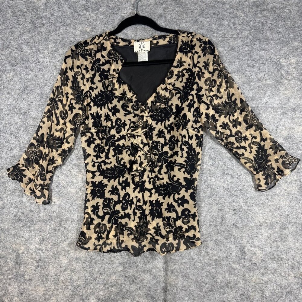 Y2K 2000s Beige Black Silk Burnout Floral Blouse Size S Sheer Indie Ethereal - Picture 2 of 16